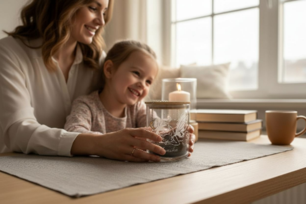 Lichtglas Fee (mit Name) für Mädchen mit Halbmondkette, Lichterkette und Engel