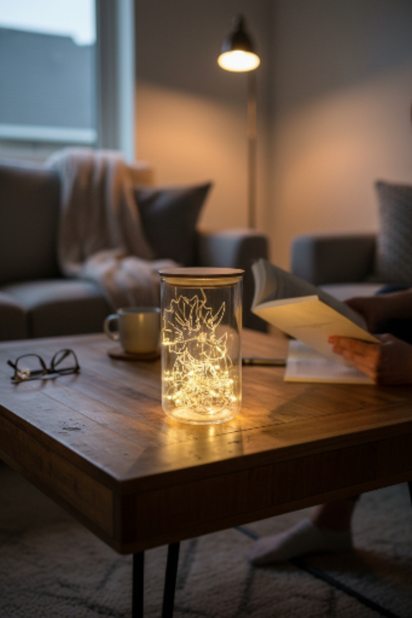 Lichtglas Rocker-Triceratops mit Lichterkette und Dino-Schlüsselanhänger