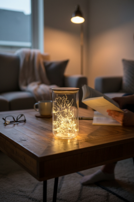 Lichtglas Rocker-Triceratops mit Lichterkette und Dino-Schlüsselanhänger