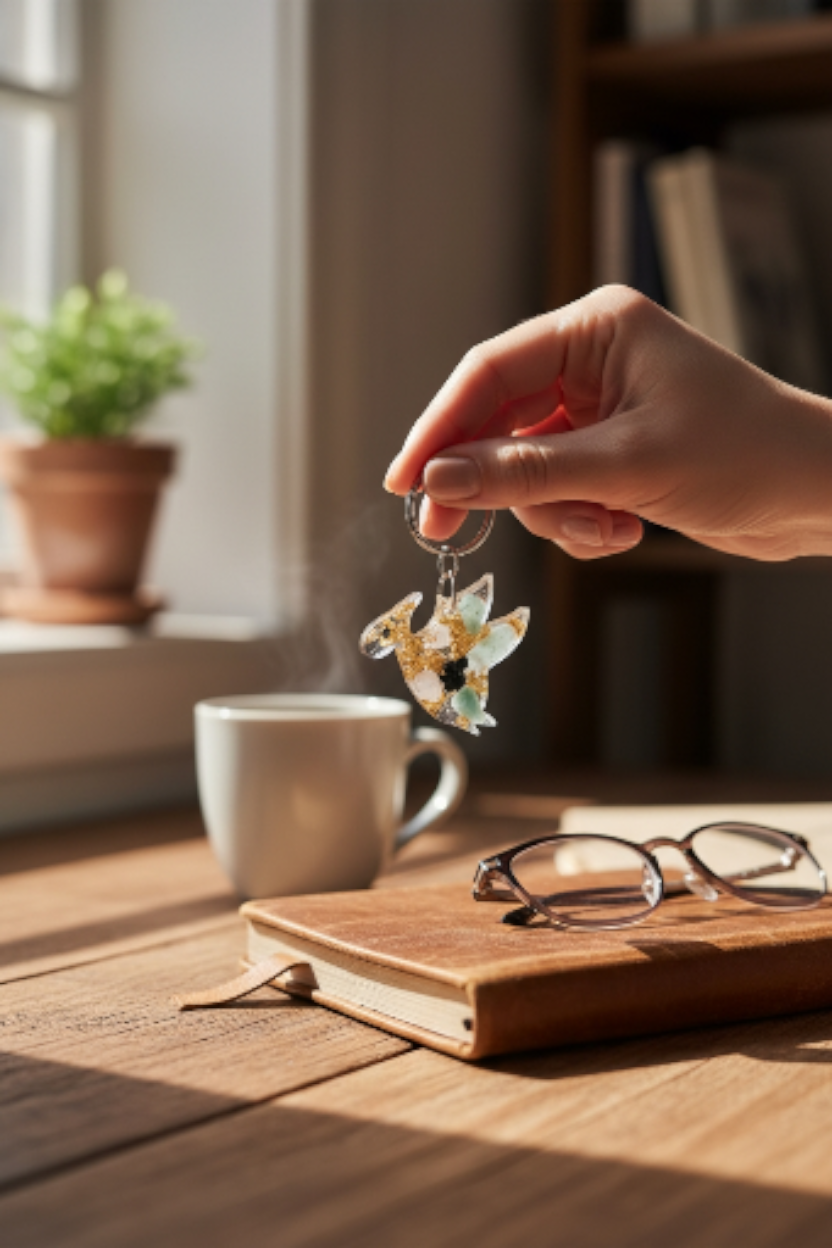 Pteranodon (3,5x4cm) Schlüsselanhänger aus Epoxidharz – mit Halbedelsteinen