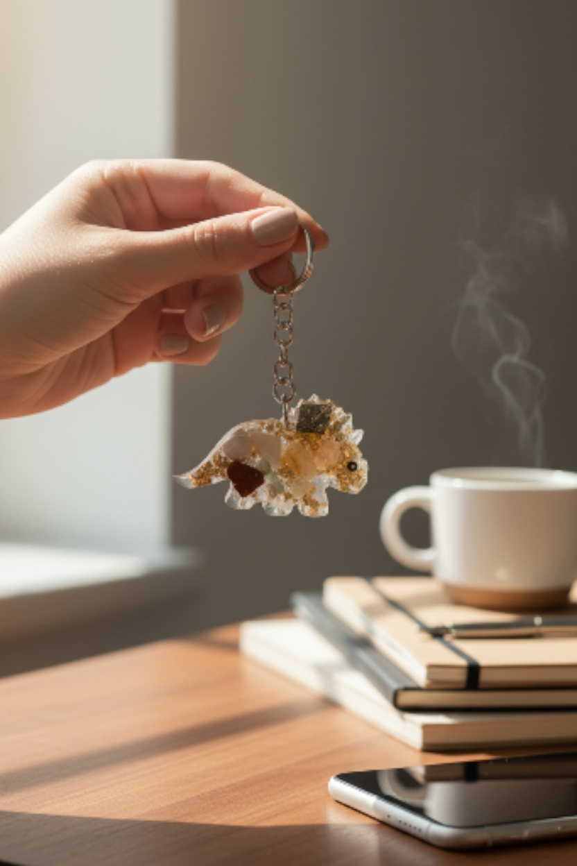 Triceratops Schlüsselanhänger (4x5cm) aus Epoxidharz – mit Halbedelsteinen