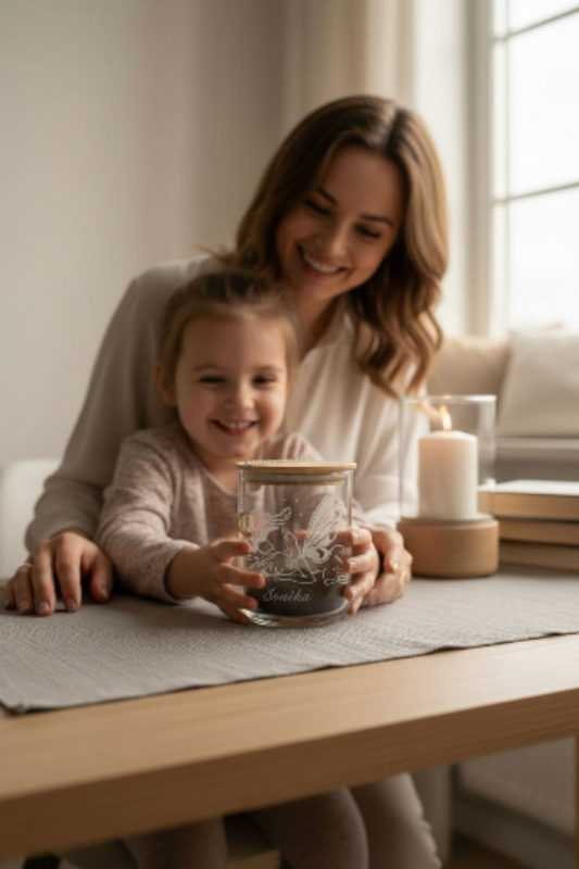 Lichtglas Fee (mit Name) für Mädchen mit Halbmondkette, Lichterkette und Engel